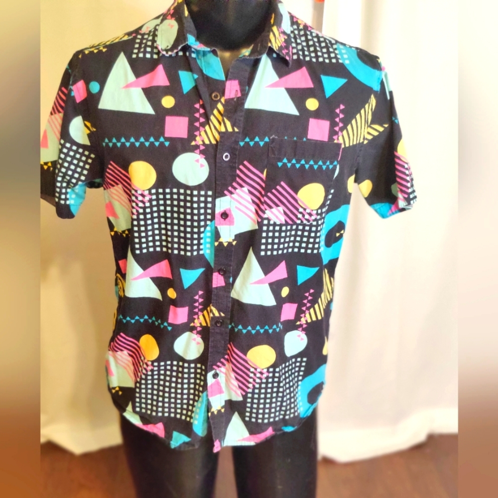 80s Super Massive neon graphic geometric Cartoon Era button front Shirt M
